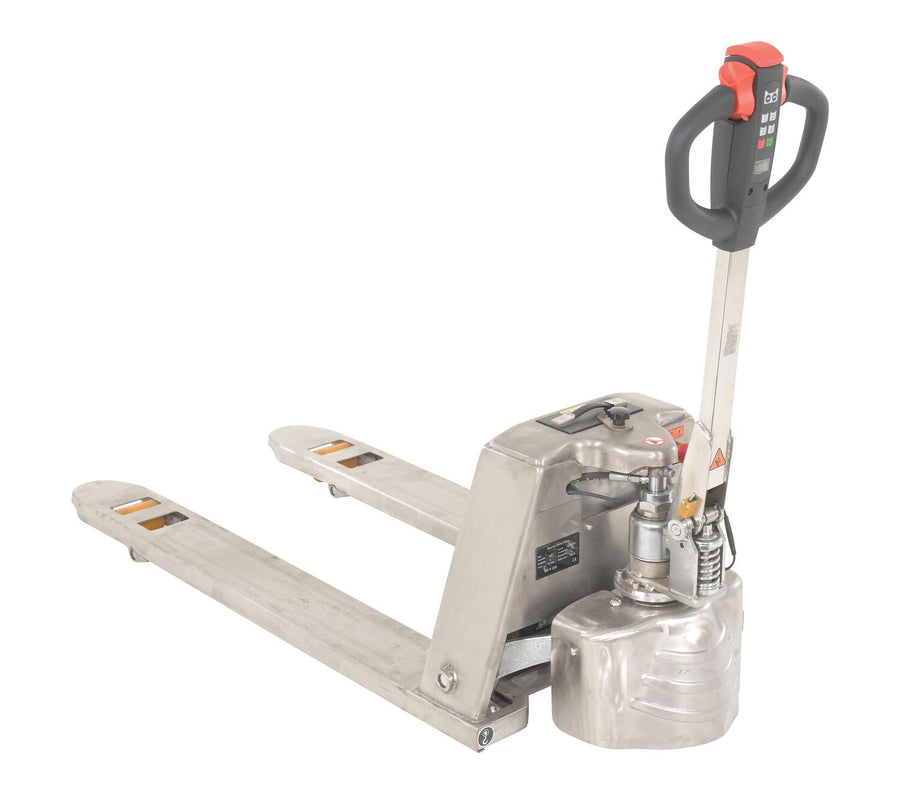 Vestil Stainless Steel Fully Electric Pallet Truck 27 In. x 63-1/2 In. 3,000 Lb. Capacity Silver
