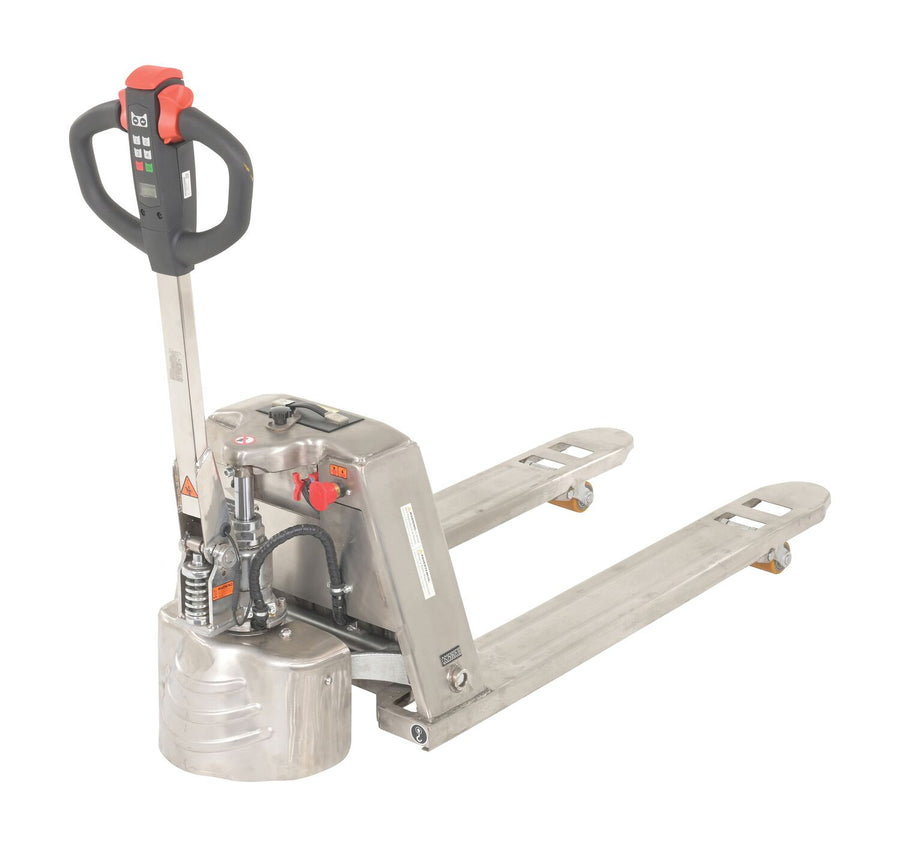Vestil Stainless Steel Fully Electric Pallet Truck 27 In. x 63-1/2 In. 3,000 Lb. Capacity Silver
