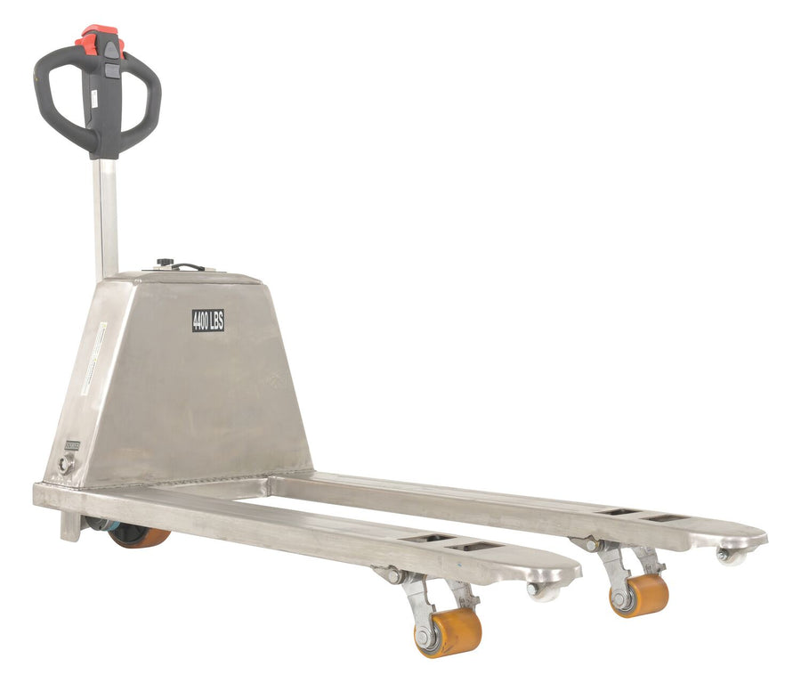 Vestil Stainless Steel Fully Electric Pallet Truck 27 In. x 63-1/2 In. 3,000 Lb. Capacity Silver