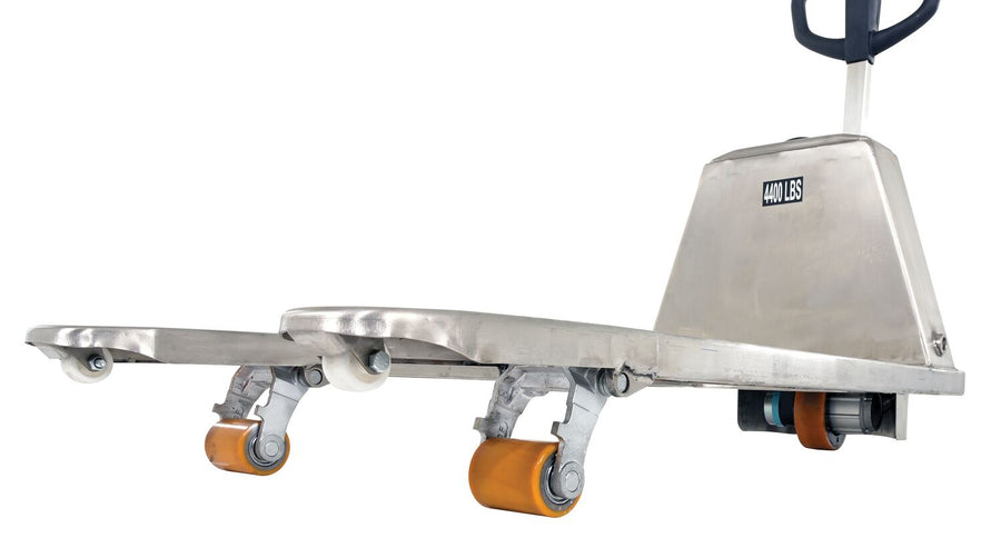 Vestil Stainless Steel Fully Electric Pallet Truck 27 In. x 63-1/2 In. 3,000 Lb. Capacity Silver