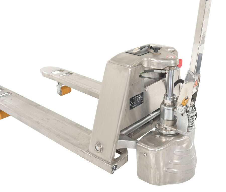 Vestil Stainless Steel Fully Electric Pallet Truck 27 In. x 63-1/2 In. 3,000 Lb. Capacity Silver