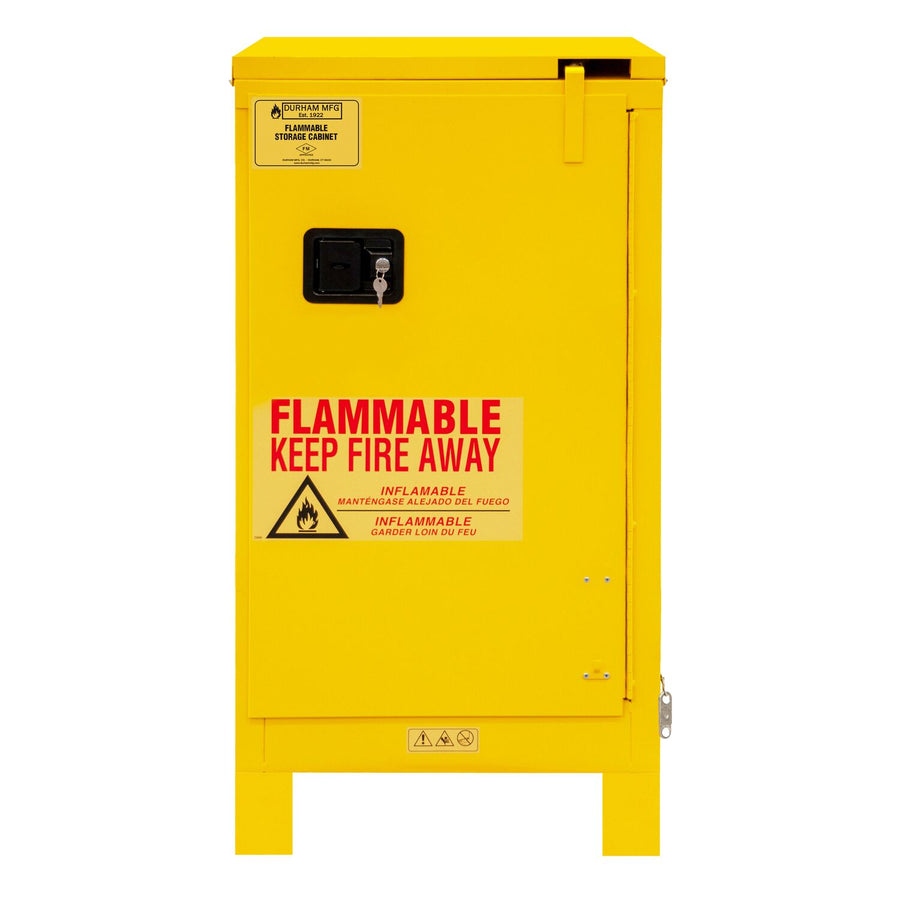Flammable Self Closing Storage Cabinet With 6 Inch Legs 16 Gallon Capacity Yellow
