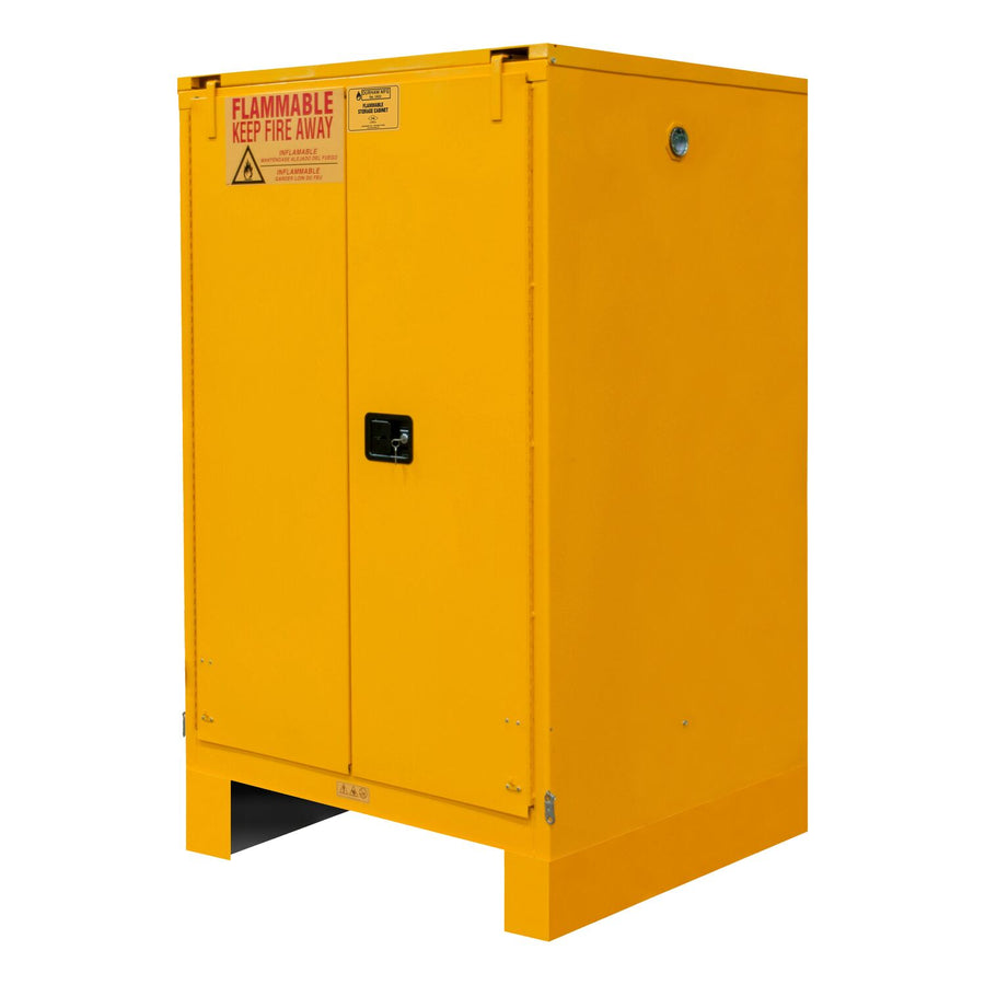 Flammable Self Closing Storage Cabinet With 6 Inch Legs 60 Gallon Capacity Yellow