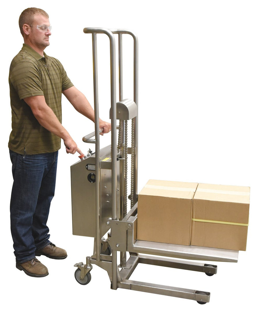 Vestil Partially Stainless Steel Portable DC Powered Hefti-Lift 44 In. x 68 In. 880 Lb. Capacity Silver