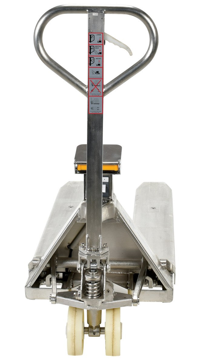 Stainless Steel Low Profile Pallet Truck with Scale 61-11/16 In. x 20 In. x 48-5/8 In. 5000 Lb. Capacity Silver
