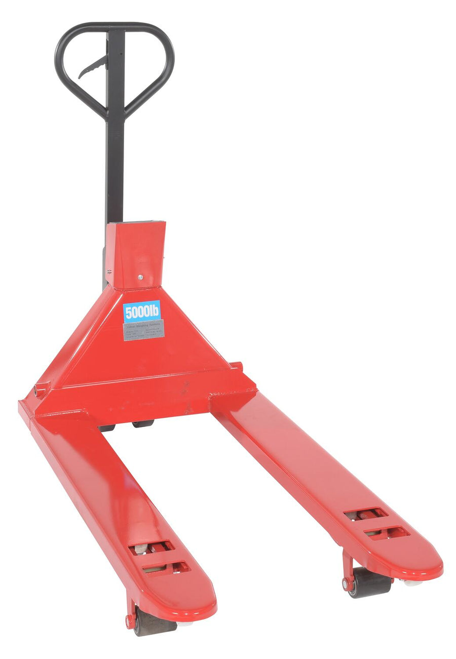 Steel Trade Legal Low Profile Pallet Truck with Scale and Printer 66 In. x 28 In. x 48 In. 5000 Lb. Capacity Red