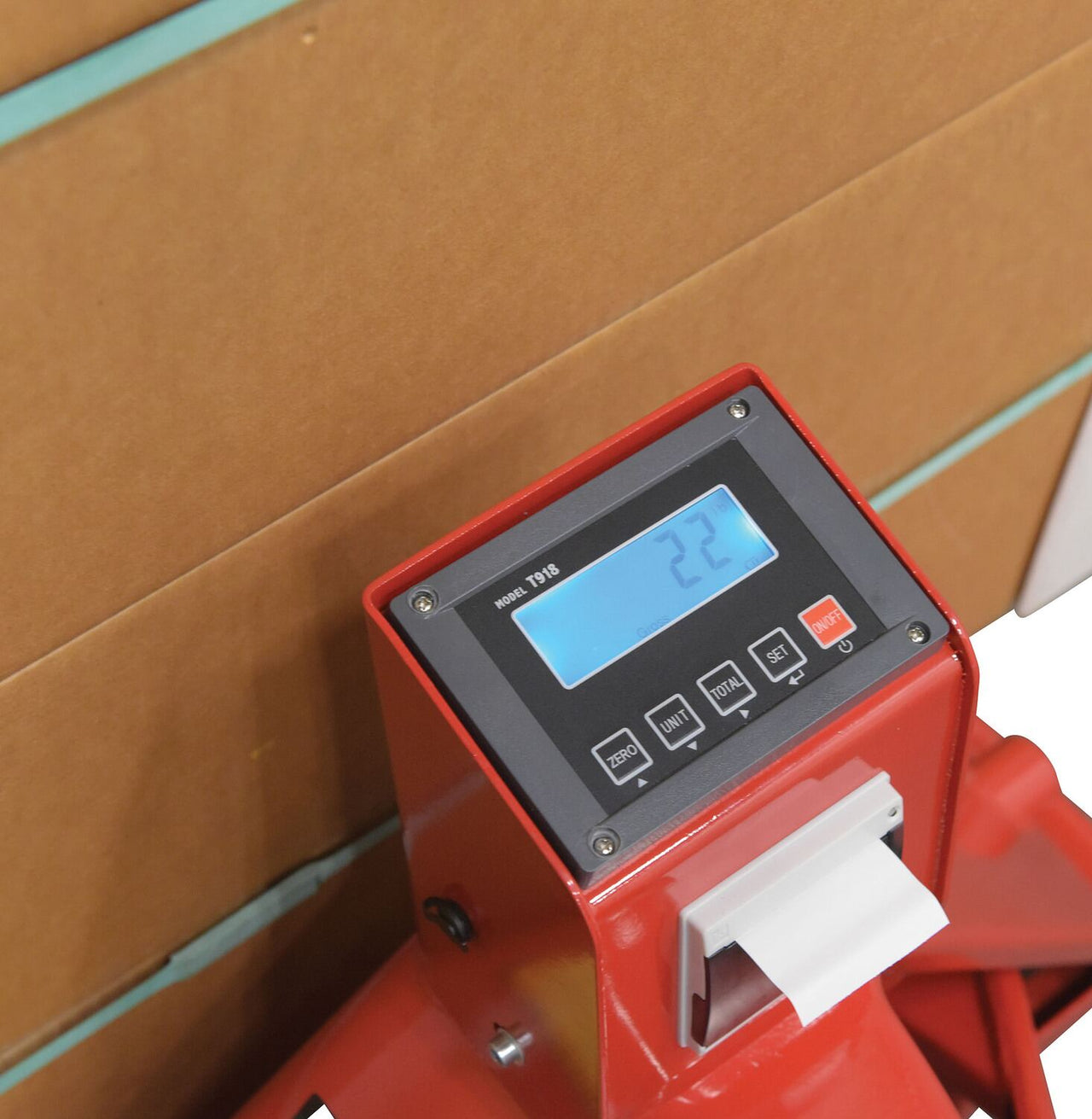 Steel Trade Legal Low Profile Pallet Truck with Scale and Printer 66 In. x 28 In. x 48 In. 5000 Lb. Capacity Red