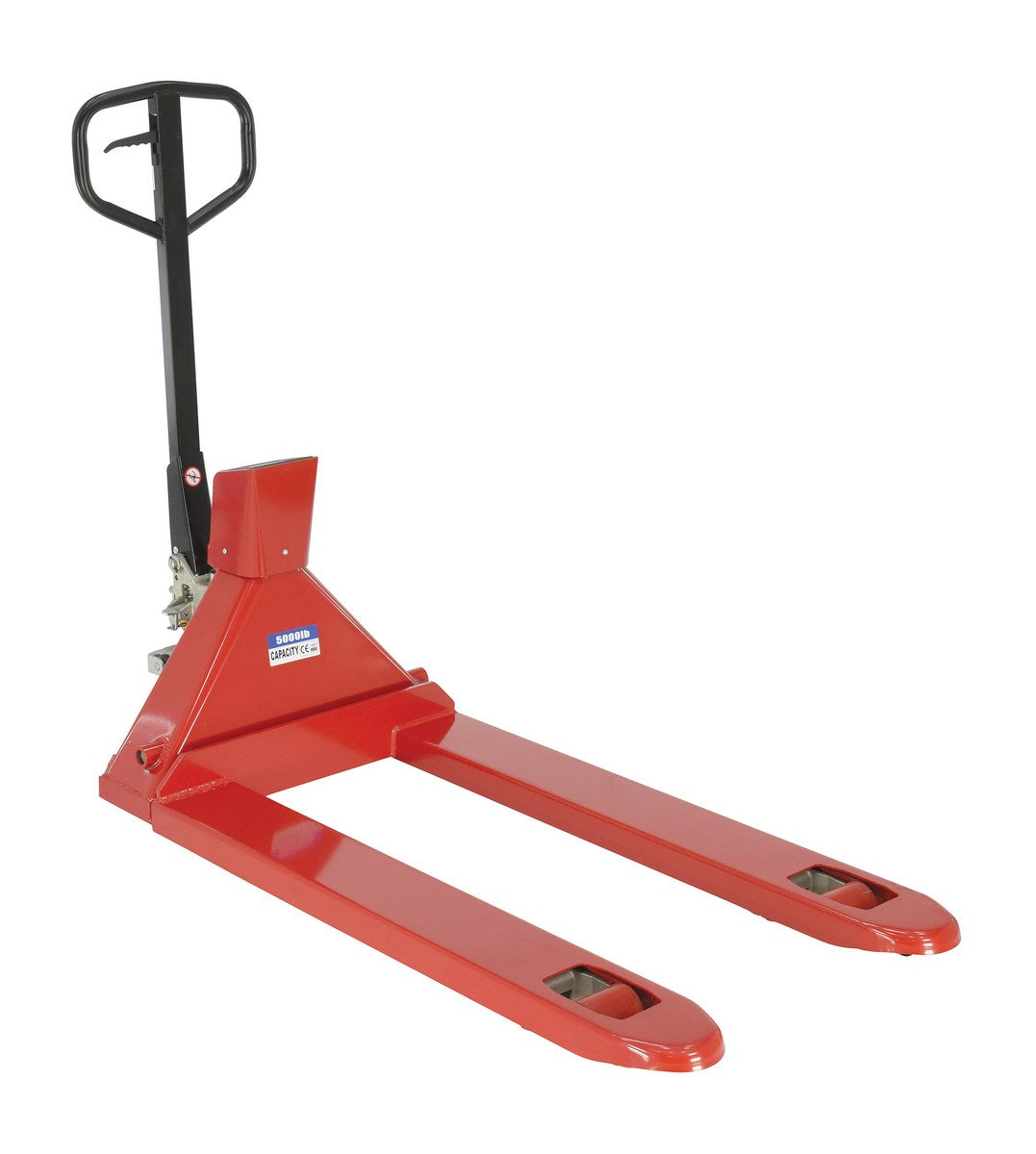 Steel Trade Legal Low Profile Pallet Truck with Scale 66 In. x 28 In. x 48 In. 5000 Lb. Capacity Red