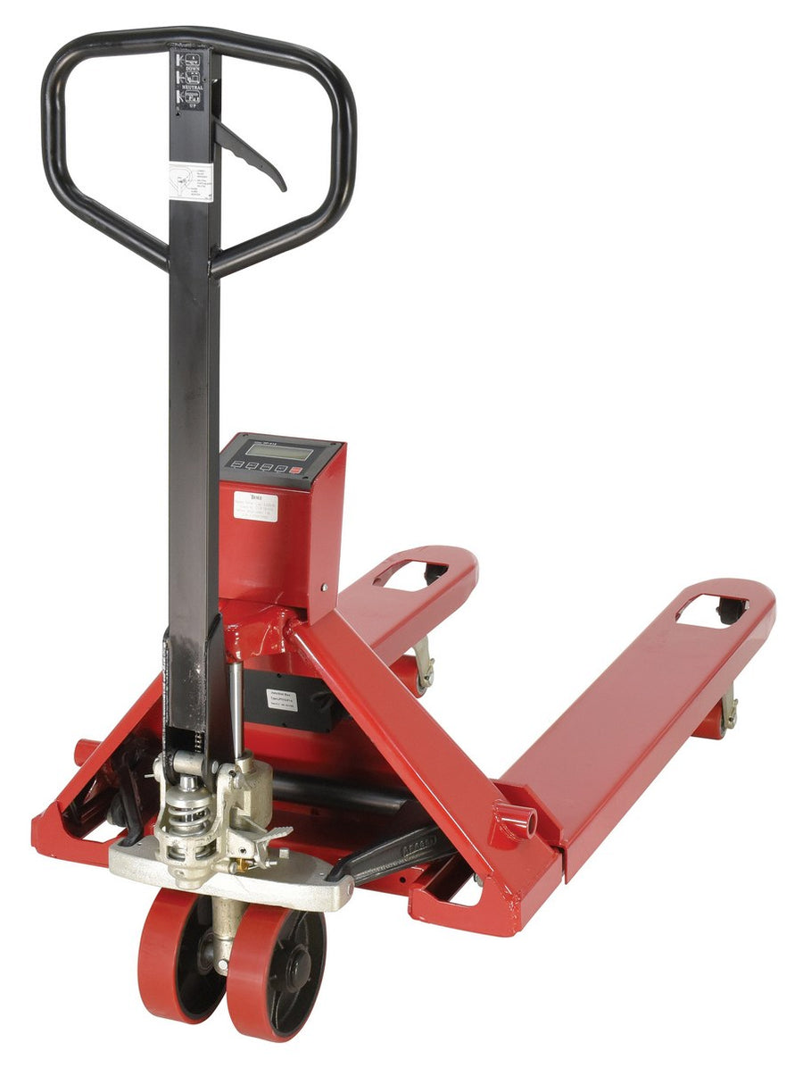 Steel Trade Legal Low Profile Pallet Truck with Scale 66 In. x 28 In. x 48 In. 5000 Lb. Capacity Red