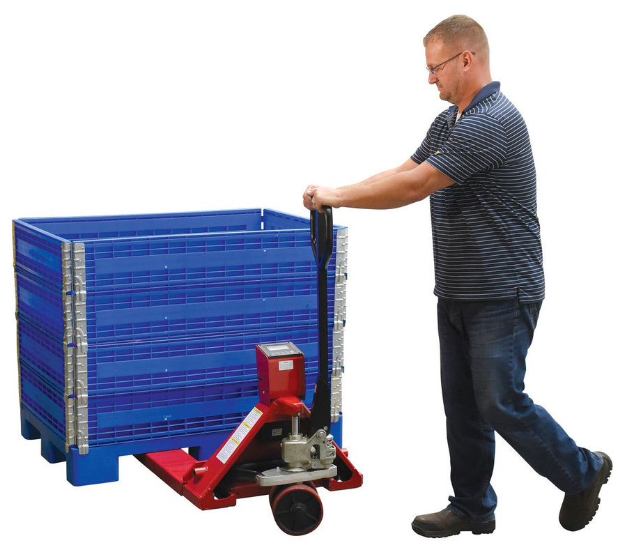 Steel Trade Legal Low Profile Pallet Truck with Scale 66 In. x 28 In. x 48 In. 5000 Lb. Capacity Red