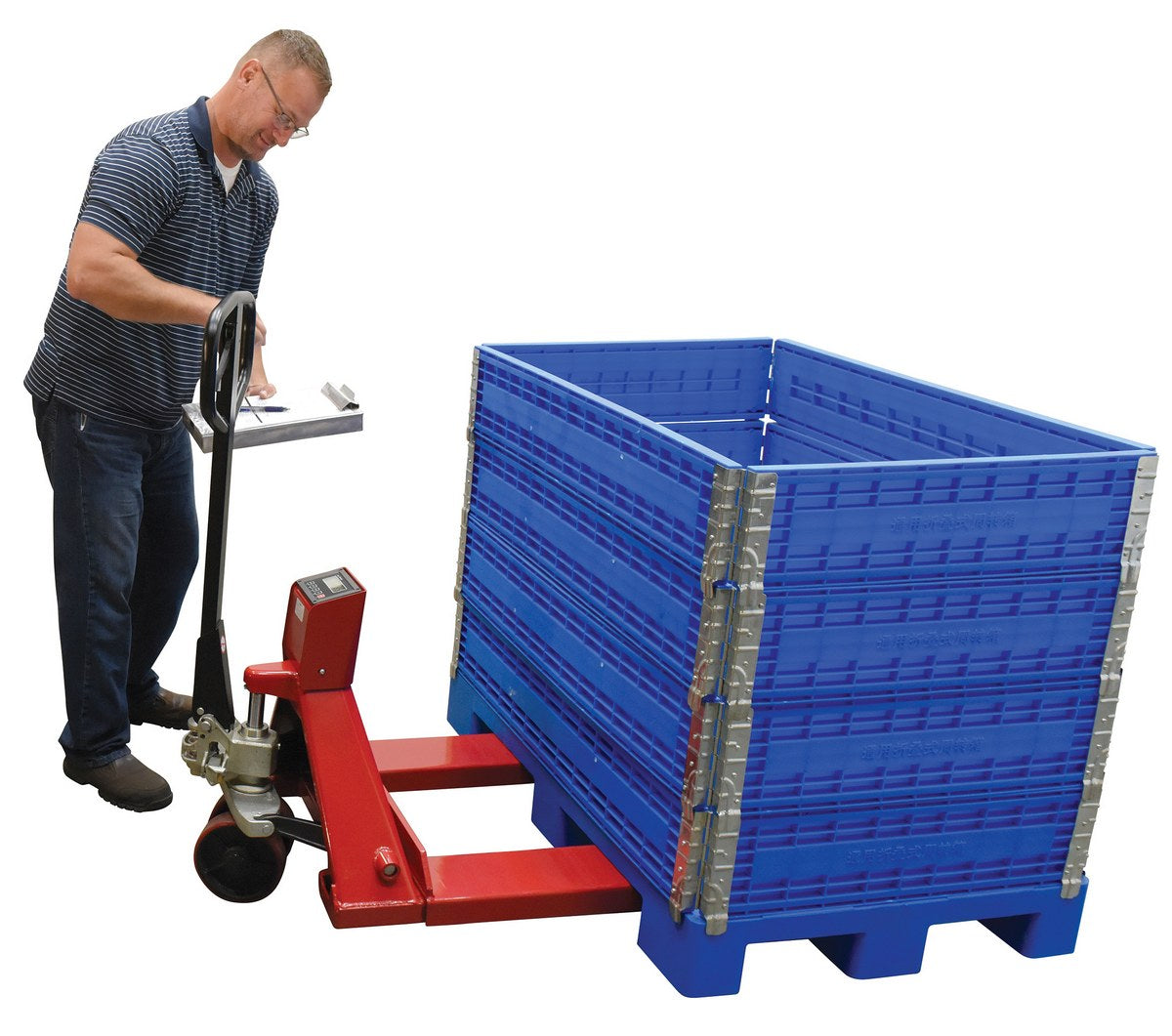 Steel Trade Legal Low Profile Pallet Truck with Scale 66 In. x 28 In. x 48 In. 5000 Lb. Capacity Red