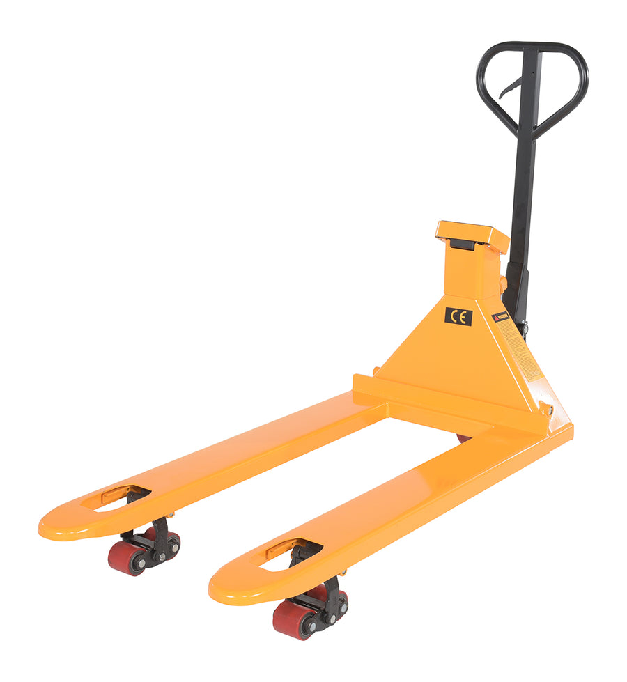Steel Low Profile Economy Pallet Truck with Scale 67-1/2 In. x 27 In. x 47 In. 5000 Lb. Capacity Yellow