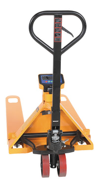 Thumbnail for Steel Low Profile Economy Pallet Truck with Scale 67-1/2 In. x 27 In. x 47 In. 5000 Lb. Capacity Yellow