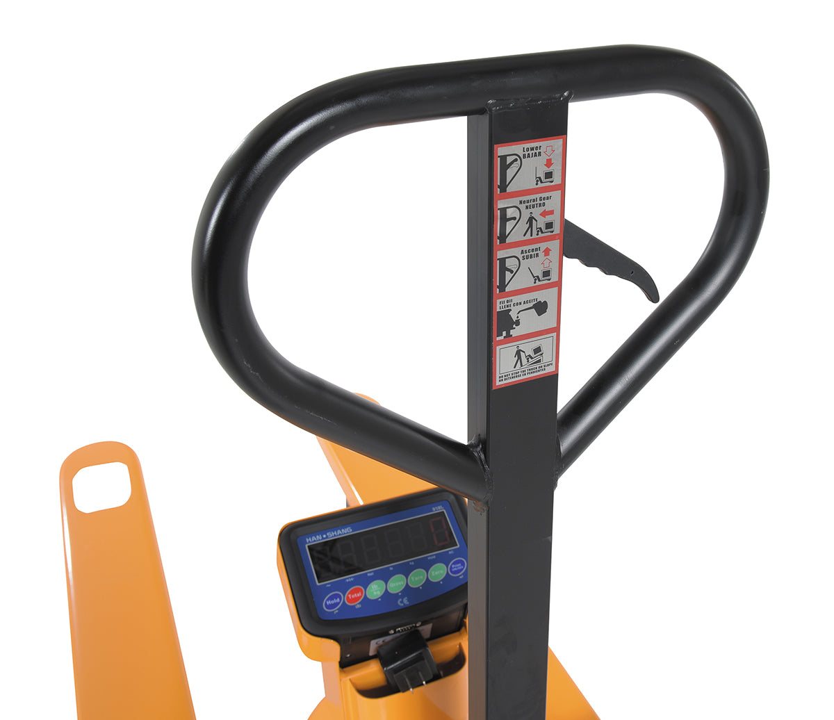 Steel Low Profile Economy Pallet Truck with Scale 67-1/2 In. x 27 In. x 47 In. 5000 Lb. Capacity Yellow