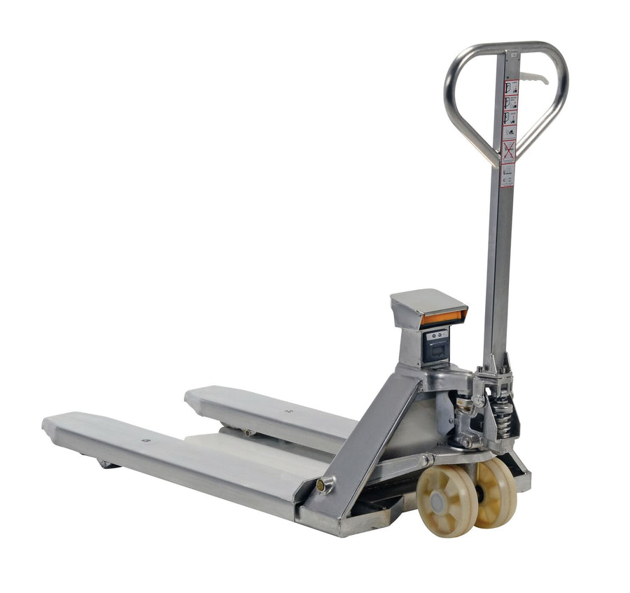 Stainless Steel Low Profile Pallet Truck with Scale 61-43/64 In. x 27 In. x 48-5/8 In. 5000 Lb. Capacity Silver