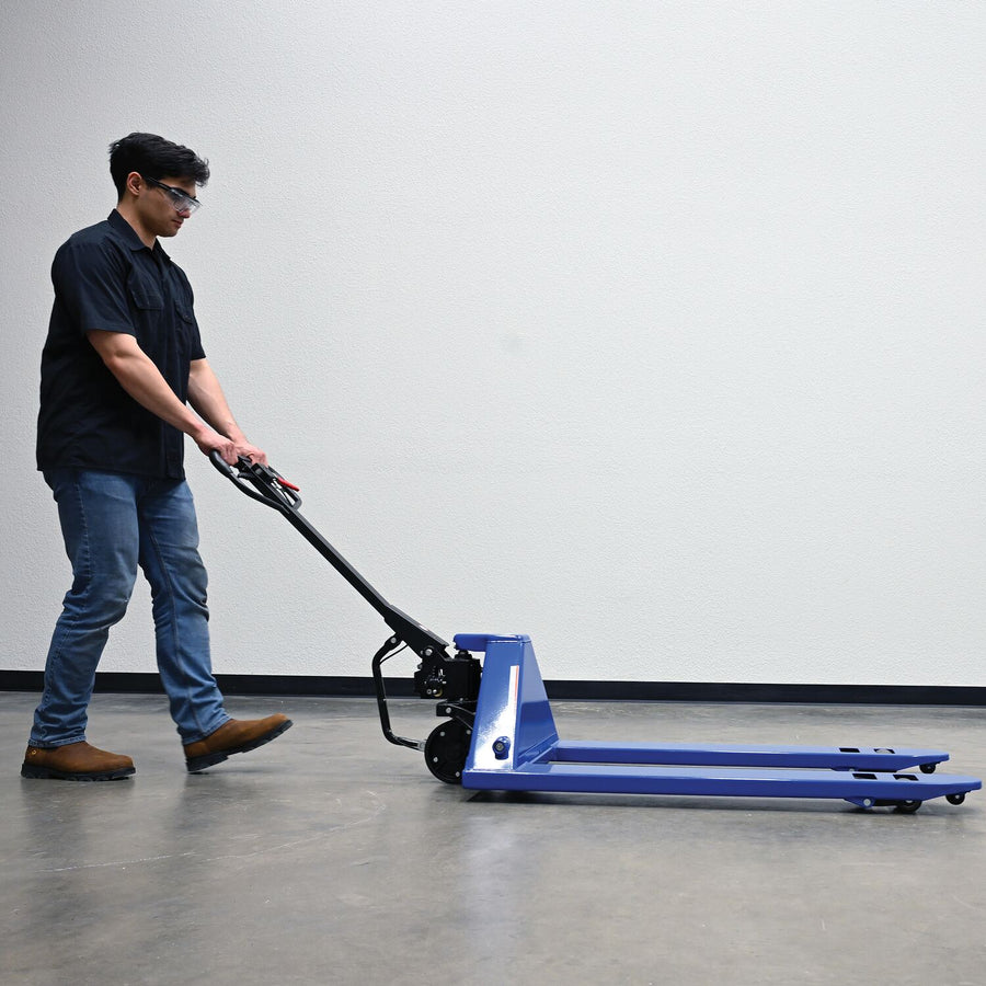 Vestil Steel Ergonomic Power Assist Pallet Truck 27 In. x 48 In. 5000 Lb. Capacity Blue