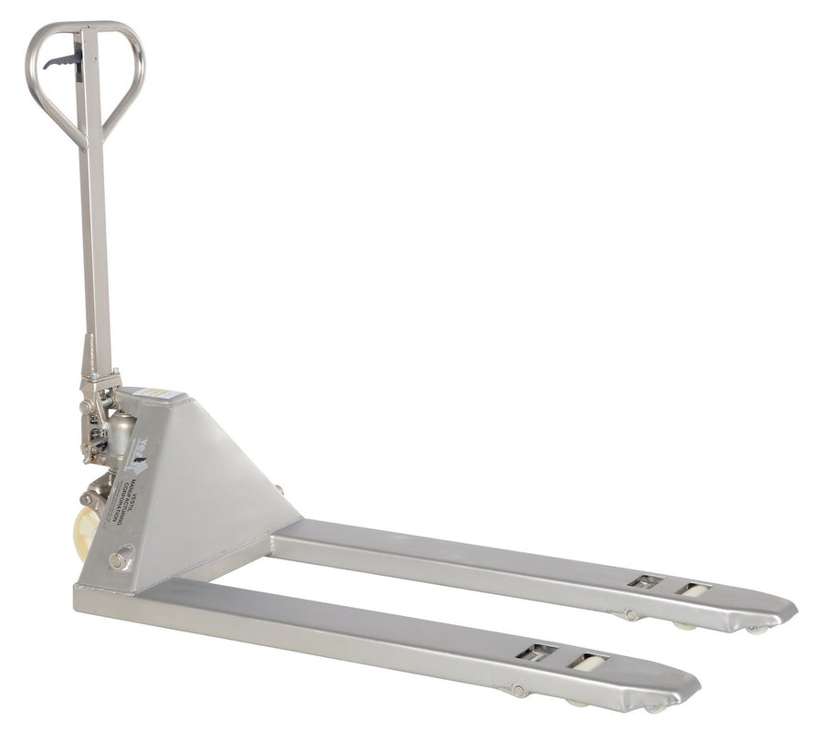 304 Stainless Steel Frame Pallet Truck 61 In. x 27 In. x 48 In. 5500 Lb. Capacity Silver