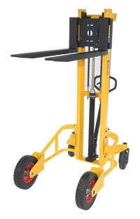 Thumbnail for Narrow Manual Steel Rough Terrain Stacker 60 In. Raised Height 1,500 Lb. Capacity Yellow/Black