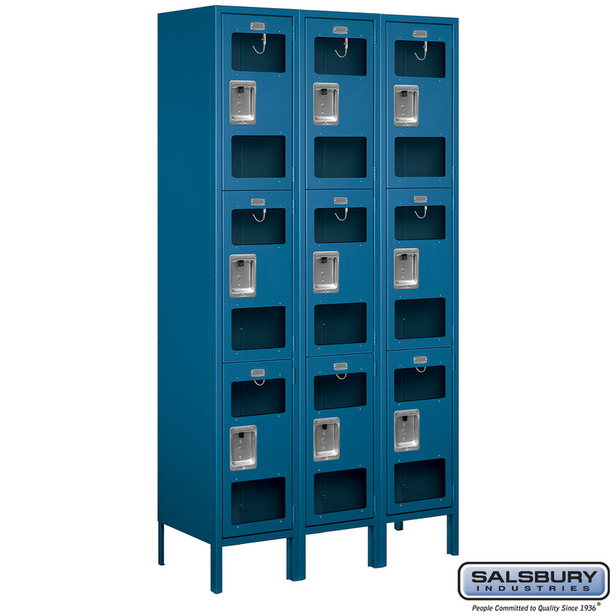 15" Wide Triple Tier See-Through Metal Locker - 3 Wide - 6 Feet High - 15 Inches Deep - Blue - Unassembled