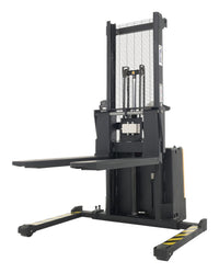 Thumbnail for Steel Adjustable Powered Lift Stacker With Scale 62 In. Raised Height 2,000 Lb. Capacity Black / Yellow