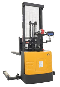 Thumbnail for Steel Adjustable Powered Lift Stacker With Scale 62 In. Raised Height 2,000 Lb. Capacity Black / Yellow