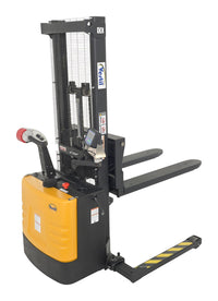 Thumbnail for Steel Adjustable Powered Lift Stacker With Scale 62 In. Raised Height 2,000 Lb. Capacity Black / Yellow