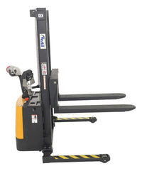 Thumbnail for Steel Adjustable Powered Lift Stacker With Scale 62 In. Raised Height 2,000 Lb. Capacity Black / Yellow