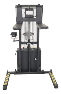 Thumbnail for Steel Adjustable Powered Lift Stacker With Scale 62 In. Raised Height 2,000 Lb. Capacity Black / Yellow
