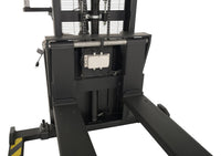 Thumbnail for Steel Adjustable Powered Lift Stacker With Scale 62 In. Raised Height 2,000 Lb. Capacity Black / Yellow
