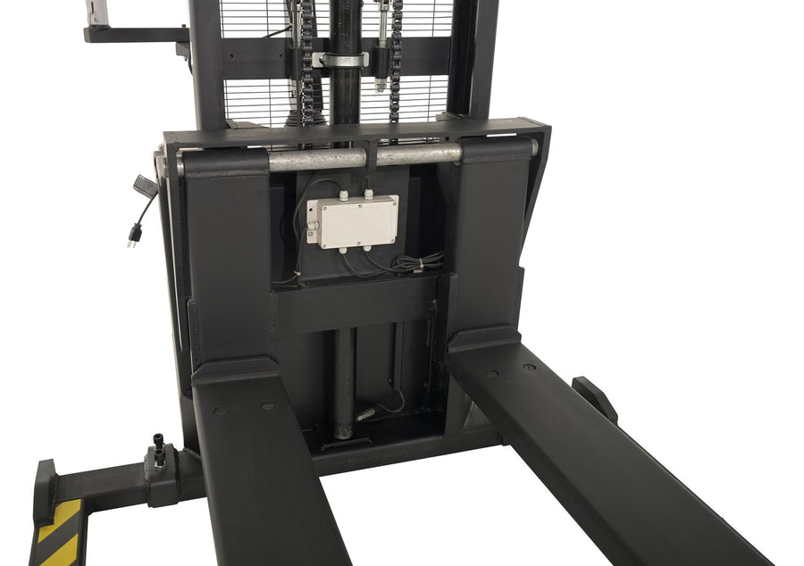 Steel Adjustable Powered Lift Stacker With Scale 62 In. Raised Height 2,000 Lb. Capacity Black / Yellow