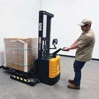 Thumbnail for Steel Adjustable Powered Lift Stacker With Scale 62 In. Raised Height 2,000 Lb. Capacity Black / Yellow