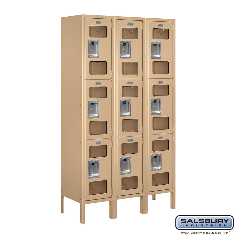 12" Wide Triple Tier See-Through Metal Locker - 3 Wide - 5 Feet High - 12 Inches Deep - Tan - Assembled