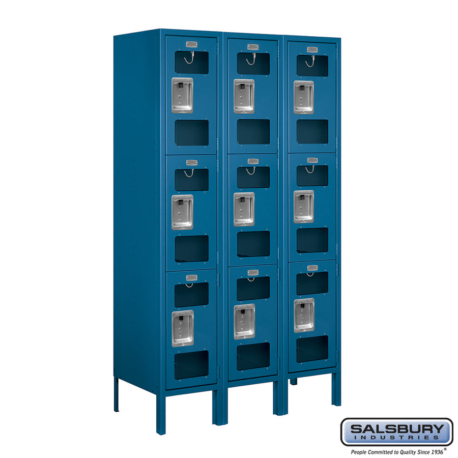 12" Wide Triple Tier See-Through Metal Locker - 3 Wide - 5 Feet High - 15 Inches Deep - Blue - Unassembled