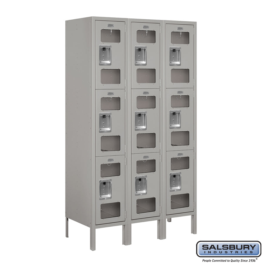 12" Wide Triple Tier See-Through Metal Locker - 3 Wide - 5 Feet High - 15 Inches Deep - Gray - Unassembled