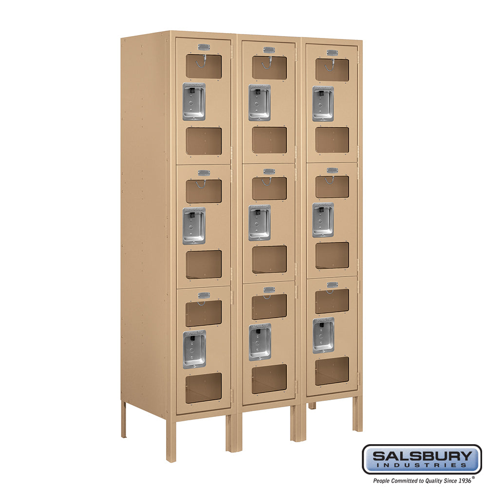 12" Wide Triple Tier See-Through Metal Locker - 3 Wide - 5 Feet High - 15 Inches Deep - Tan - Unassembled