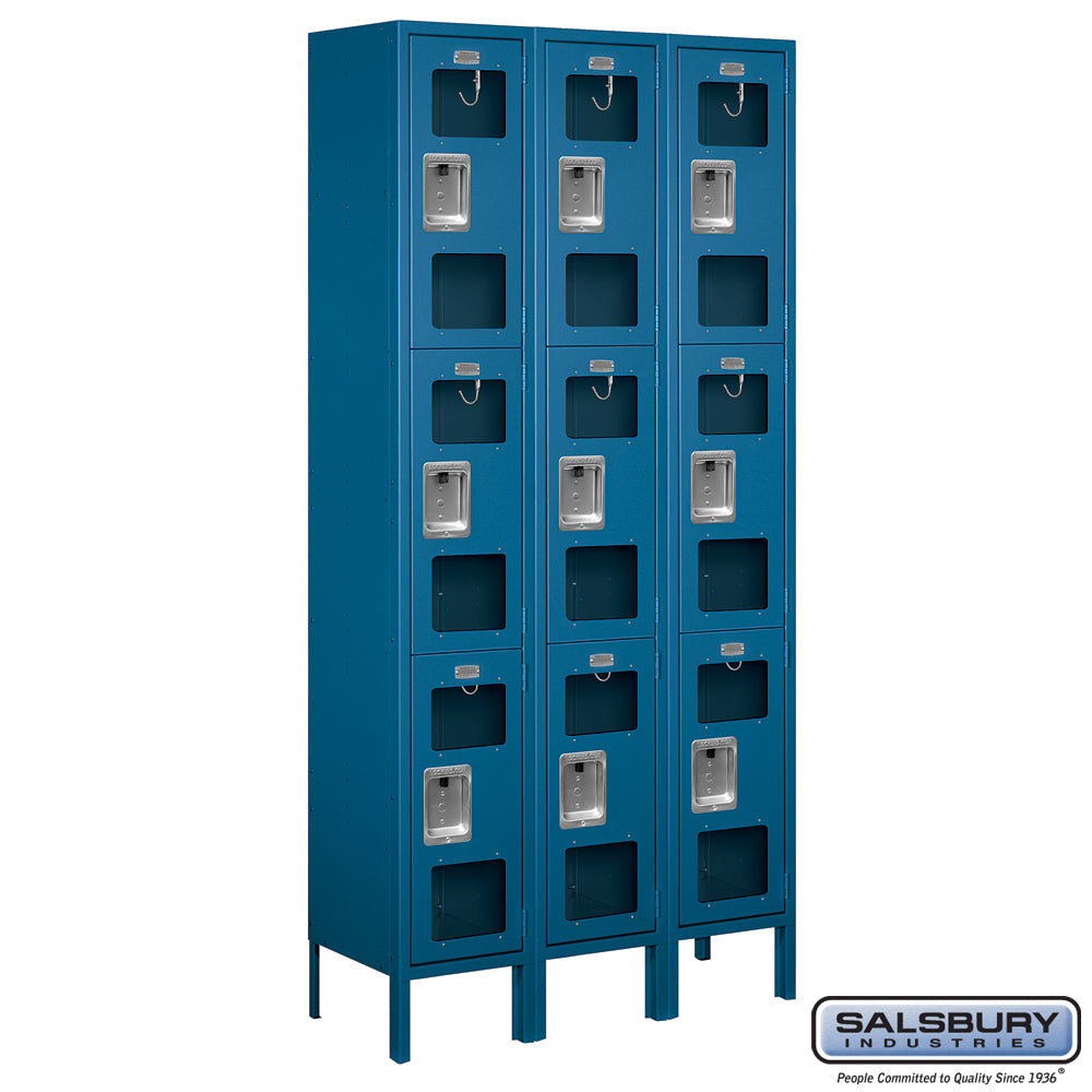 12" Wide Triple Tier See-Through Metal Locker - 3 Wide - 6 Feet High - 12 Inches Deep - Blue - Assembled