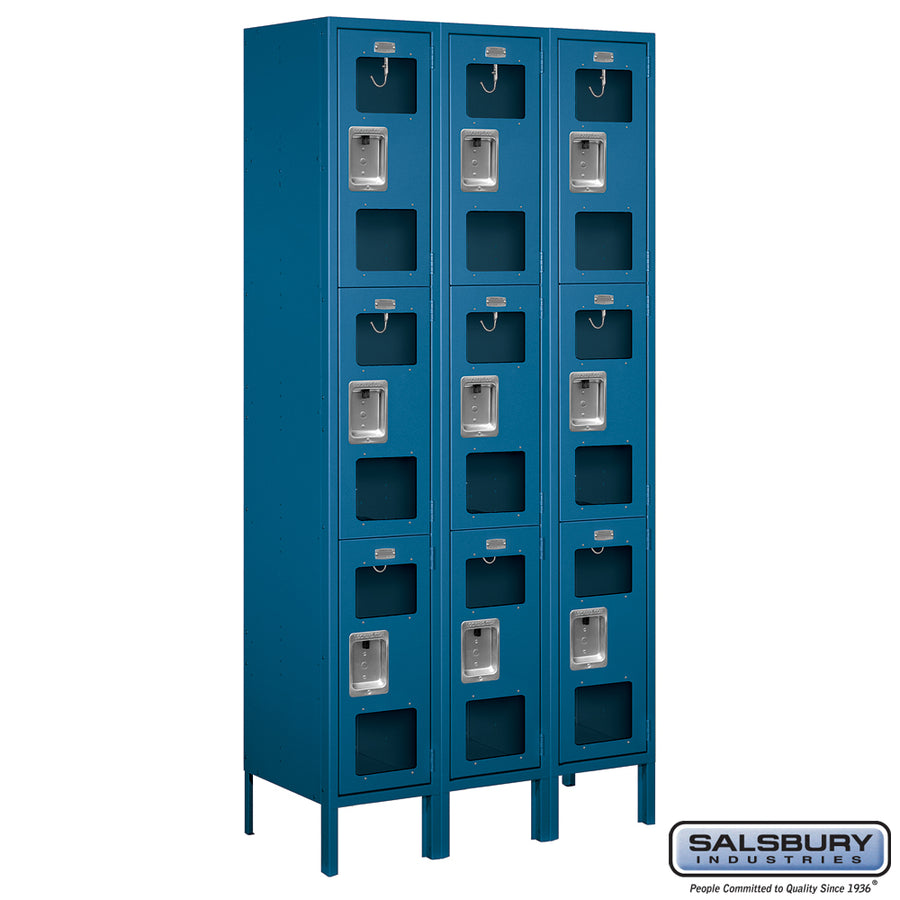 12" Wide Triple Tier See-Through Metal Locker - 3 Wide - 6 Feet High - 15 Inches Deep - Blue - Unassembled