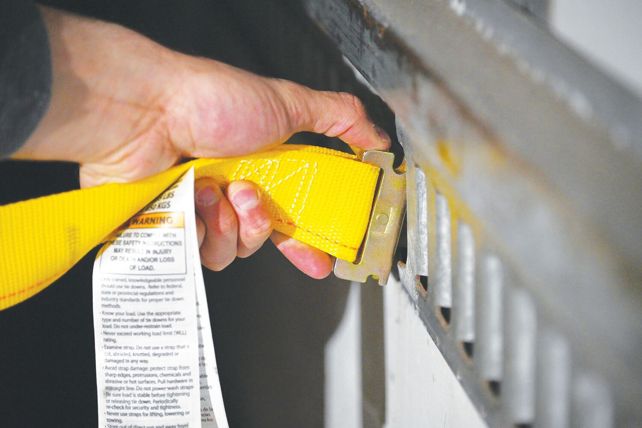 Polyester Ratcheting Cargo Strap with E-Clip 12 Ft. Working Length 1,335 Lb. Working Load Limit Yellow