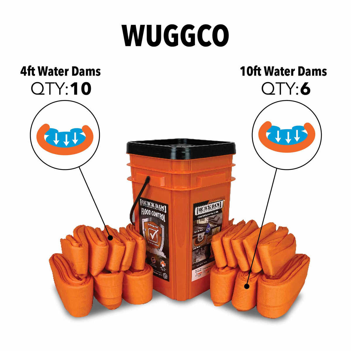 Quick Dam Grab & Go Flood Bucket Kit: 4ft Water Dams (10) & 10ft Water Dams (6)