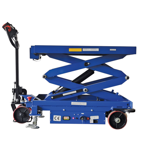 Steel Hydraulic Double Scissor Cart DC Powered With Scale 20 In. x 40 In. 1,500 Lb. Capacity Blue