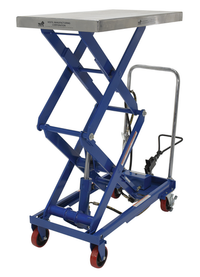 Thumbnail for Carbon Steel Air/Hydraulic Scissor Lift Cart 35-1/2 In. x 20 In. Platform With Poly-On-Poly Casters 800 Lb. Capacity Blue/Silver
