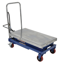 Thumbnail for Carbon Steel Air/Hydraulic Scissor Lift Cart 35-1/2 In. x 20 In. Platform With Poly-On-Poly Casters 800 Lb. Capacity Blue/Silver
