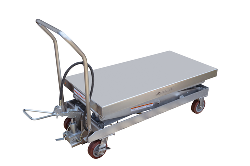 Partially Stainless Steel Air/Hydraulic Scissor Lift Cart 47-1/2 In. x 24 In. Platform With Poly-On-Poly Casters 1,500 Lb. Capacity Silver