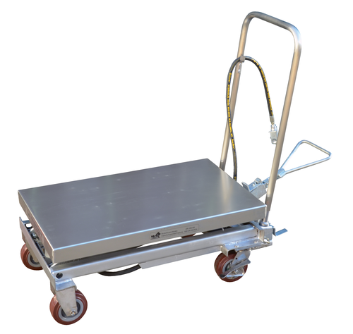 Partially Stainless Steel Air/Hydraulic Scissor Lift Cart 32-1/2 In. x 20 In. Platform With Poly-On-Poly Casters 1,000 Lb. Capacity Silver