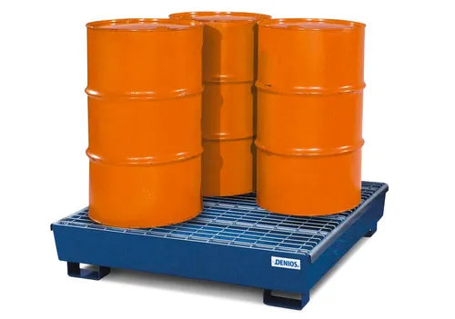 BASE LINE SPILL PALLET - 4 DRUM CAPACITY - REMOVABLE GRATING - FORKLIFT ACCESS - PAINTED STEEL