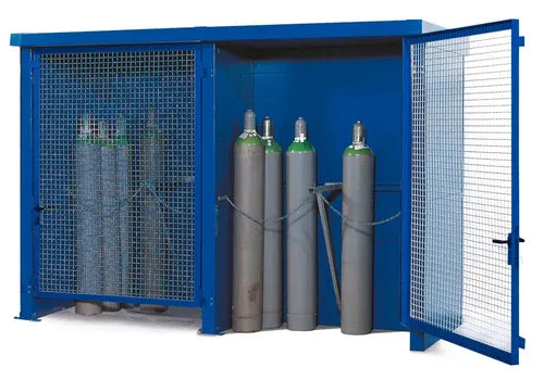 GAS CYLINDER STORAGE PAINTED - 2-HOUR FIRE RATED - 12 CYLINDER CAPACITY - STEEL FRAME - OPEN STEEL MESH