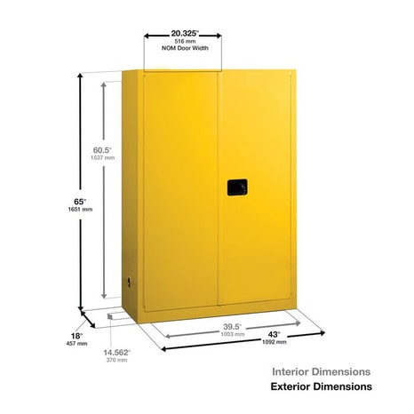 Justrite 45 Gallon, 2 Shelves, 2 Doors, Self-Close, Flammable Cabinet, Sure-Grip® EX, Yellow - 894520