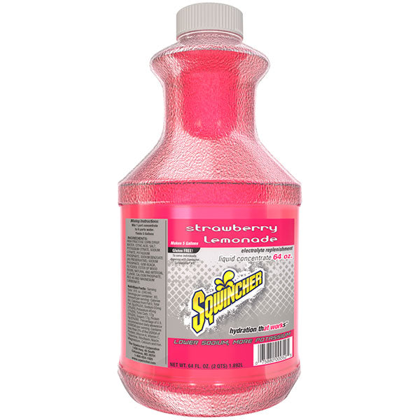 Sqwincher® Regular Liquid Concentrate, 64 oz Bottle, 5 gal Yield, Strawberry Lemonade, 6/Case