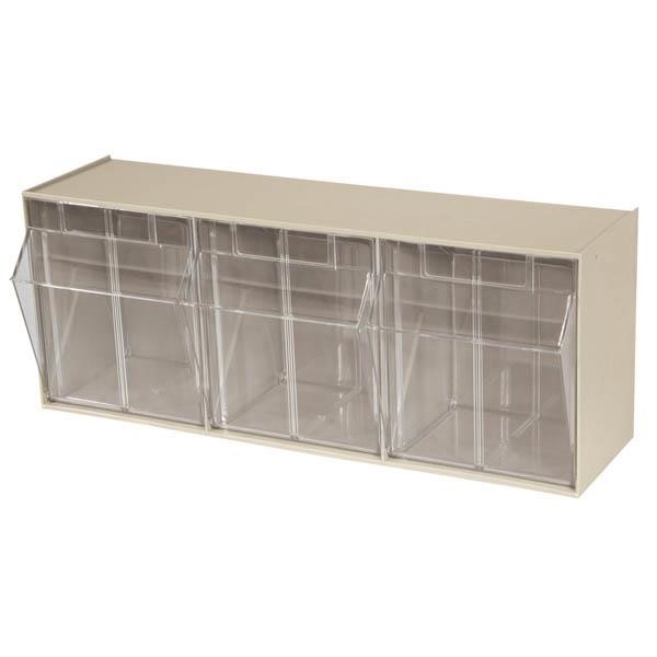 Akro-Mils® Tiltview® Bins Cabinet System, 3 Bin, 7 7/8"L x 9 7/16"H x 23 5/8"W, Clear/Stone, 1/Each