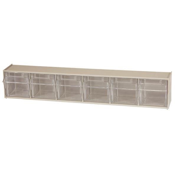 Akro-Mils® Tiltview® Bins Cabinet System, 6 Bin, 3 3/4"L x 4 1/2"H x 23 5/8"W, Clear/Stone, 1/Each